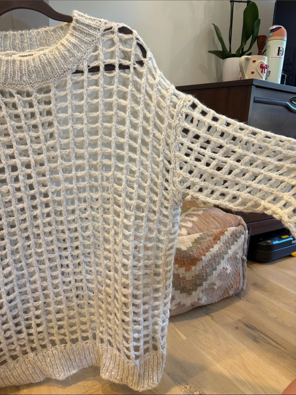 Urban Outfitters Open-Knit Crewneck Sweater in Light Cream